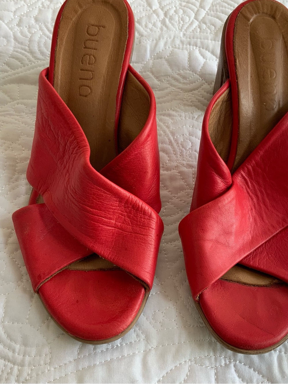 Bueno Red Leather Crossover Slide Mules
